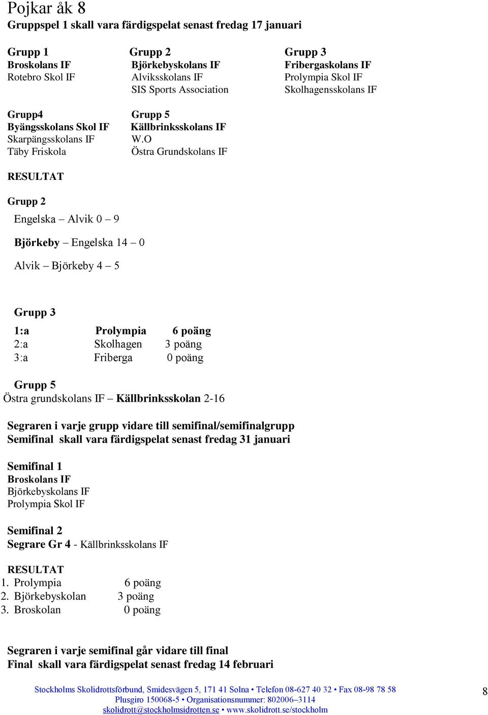 O Täby Friskola Östra Grundskolans IF Grupp 2 Engelska Alvik 0 9 Björkeby Engelska 14 0 Alvik Björkeby 4 5 Grupp 3 1:a Prolympia 6 poäng 2:a Skolhagen 3 poäng 3:a Friberga 0 poäng Grupp 5 Östra