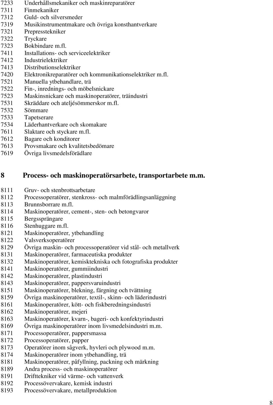 fl. 7532 Sömmare 7533 Tapetserare 7534 Läderhantverkare och skomakare 7611 Slaktare och styckare m.fl. 7612 Bagare och konditorer 7613 Provsmakare och kvalitetsbedömare 7619 Övriga livsmedelsförädlare 8 Process- och maskinoperatörsarbete, transportarbete m.