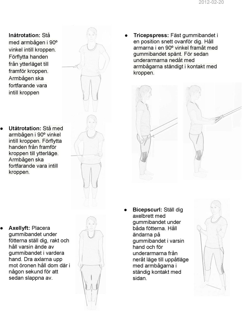 För sedan underarmarna nedåt med armbågarna ständigt i kontakt med kroppen. Utåtrotation: Stå med armbågen i 90º vinkel intill kroppen. Förflytta handen från framför kroppen till ytterläge.