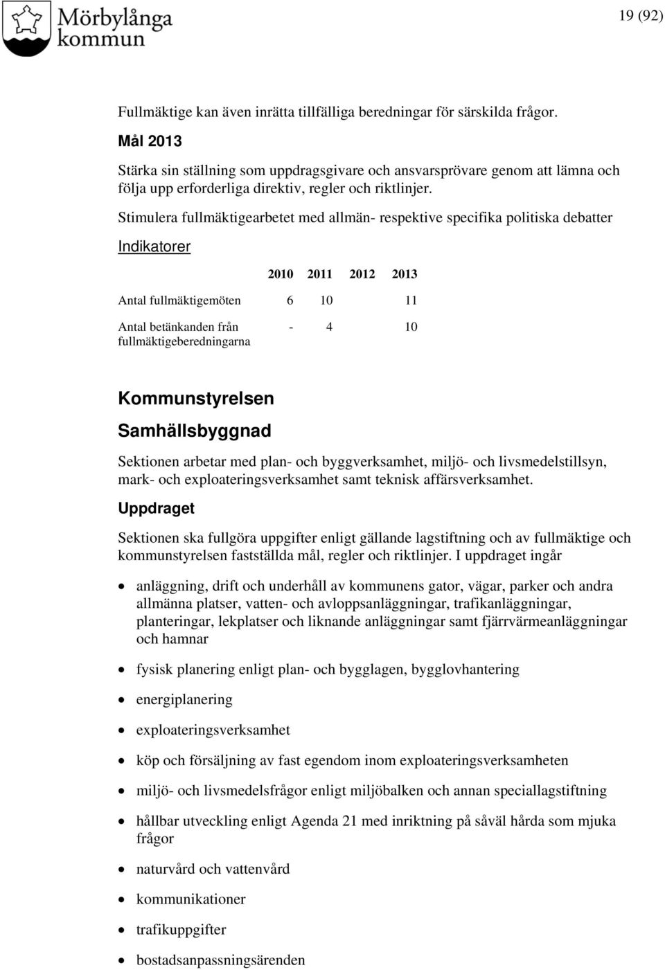 Stimulera fullmäktigearbetet med allmän- respektive specifika politiska debatter Indikatorer 2010 2011 2012 2013 Antal fullmäktigemöten 6 10 11 Antal betänkanden från fullmäktigeberedningarna - 4 10