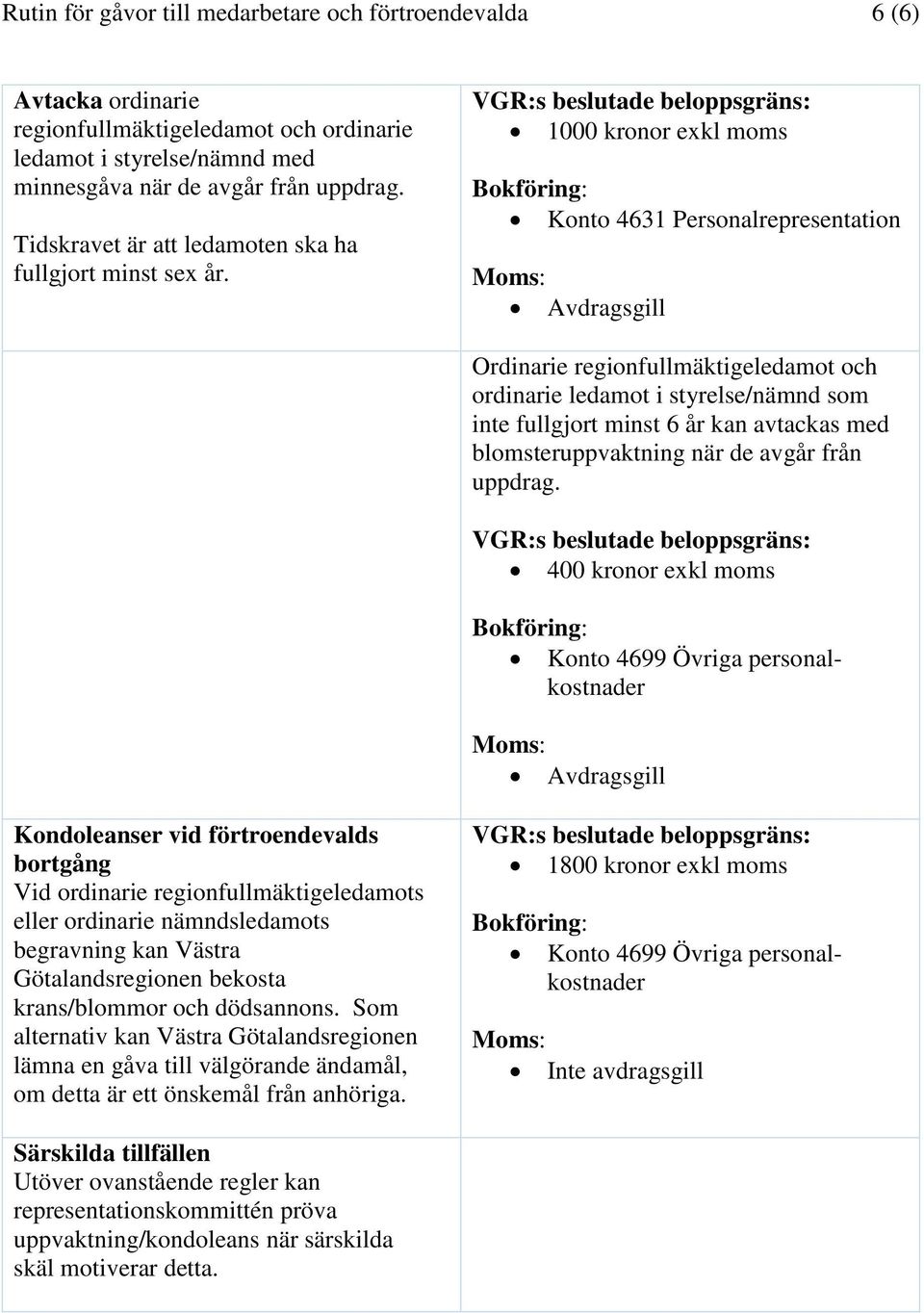 1000 kronor exkl moms Ordinarie regionfullmäktigeledamot och ordinarie ledamot i styrelse/nämnd som inte fullgjort minst 6 år kan avtackas med blomsteruppvaktning när de avgår från uppdrag.