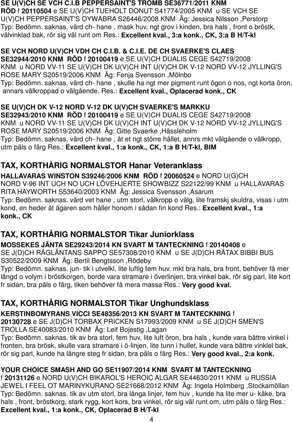 saknas. värd ch- hane, mask huv, ngt grov i kinden, bra hals, front o bröstk, välvinklad bak, rör sig väl runt om Res.: Excellent kval., 3:a konk., CK, 3:a B H/T-kl SE VCH NORD U(V)CH VDH CH C.I.B. & C.