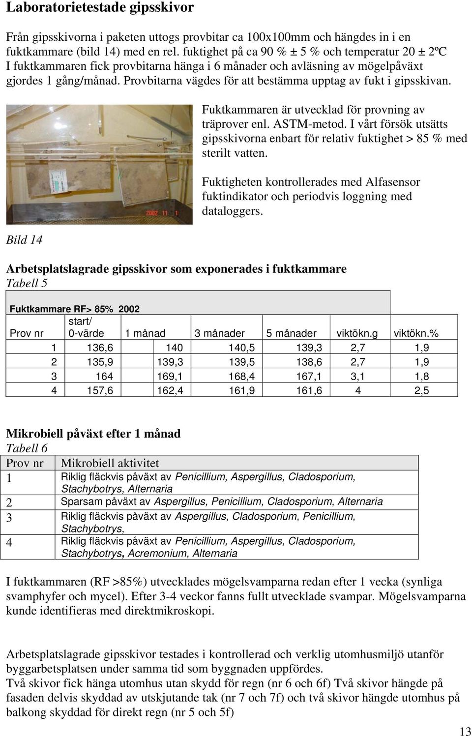 Provbitarna vägdes för att bestämma upptag av fukt i gipsskivan. Bild 14 Fuktkammaren är utvecklad för provning av träprover enl. ASTM-metod.