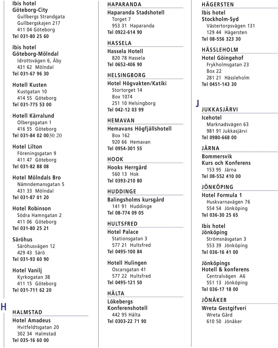 431 33 Mölndal Tel 031-87 01 20 Hotel Robinson Södra Hamngatan 2 411 06 Göteborg Tel 031-80 25 21 Säröhus Säröhusvägen 12 429 43 Särö Tel 031-93 60 90 Hotel Vanilj Kyrkogatan 38 411 15 Göteborg Tel
