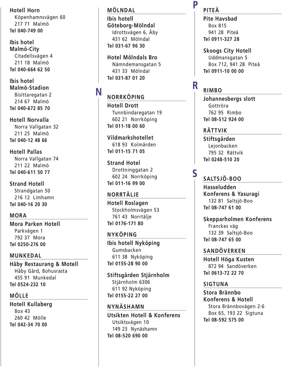 Parkvägen 1 792 37 Mora Tel 0250-276 00 MUNKEDAL Håby Restaurang & Motell Håby Gård, Bohusrasta 455 91 Munkedal Tel 0524-232 10 MÖLLE Hotell Kullaberg Box 43 260 42 Mölle Tel 042-34 70 00 N MÖLNDAL l