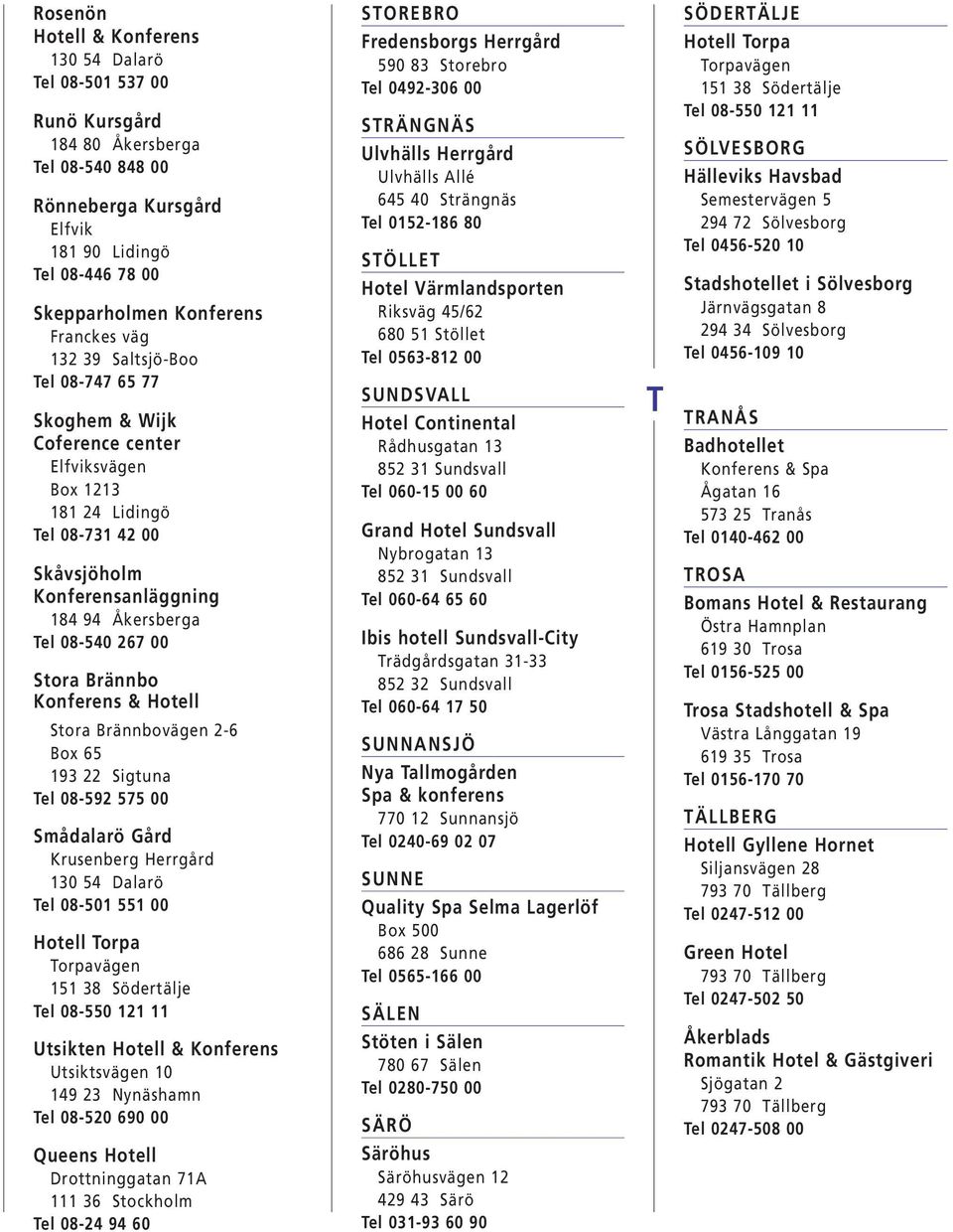 Konferens & Hotell Stora Brännbovägen 2-6 Box 65 193 22 Sigtuna Tel 08-592 575 00 Smådalarö Gård Krusenberg Herrgård 130 54 Dalarö Tel 08-501 551 00 Hotell Torpa Torpavägen 151 38 Södertälje Tel