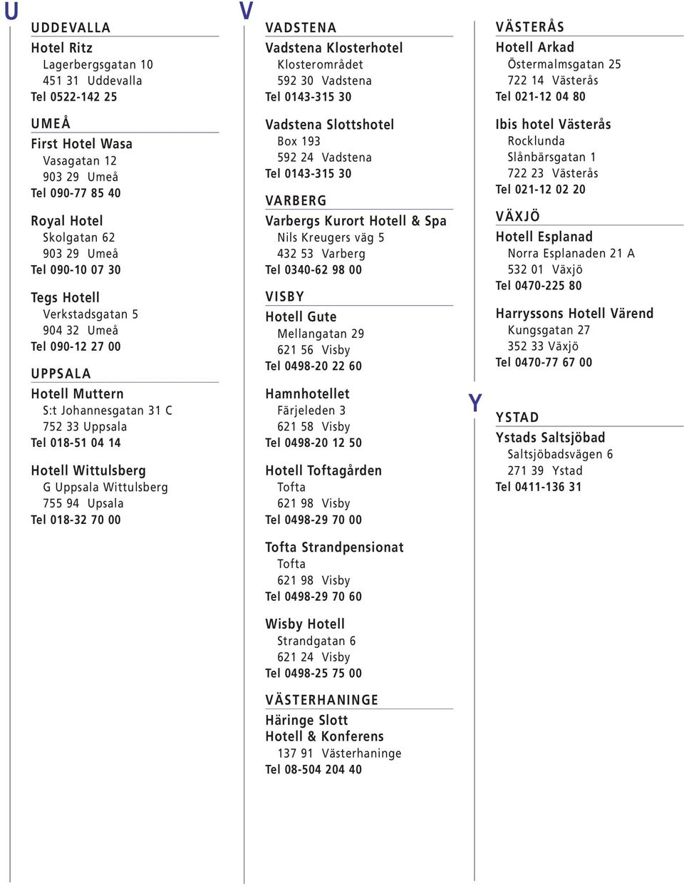 27 00 UPPSALA Hotell Muttern S:t Johannesgatan 31 C 752 33 Uppsala Tel 018-51 04 14 Hotell Wittulsberg G Uppsala Wittulsberg 755 94 Upsala Tel 018-32 70 00 Vadstena Slottshotel Box 193 592 24