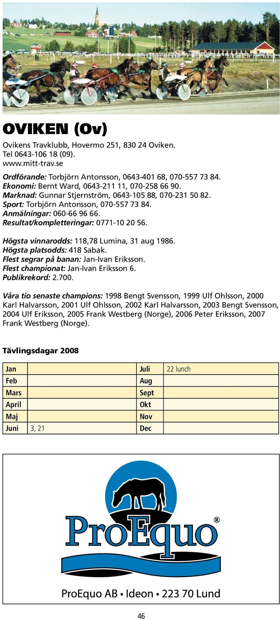 Högsta vinnarodds: 118,78 Lumina, 31 aug 1986. Högsta platsodds: 418 Sabak. Flest segrar på banan: Jan-Ivan Eriksson. Flest championat: Jan-Ivan Eriksson 6. Publikrekord: 2.700.