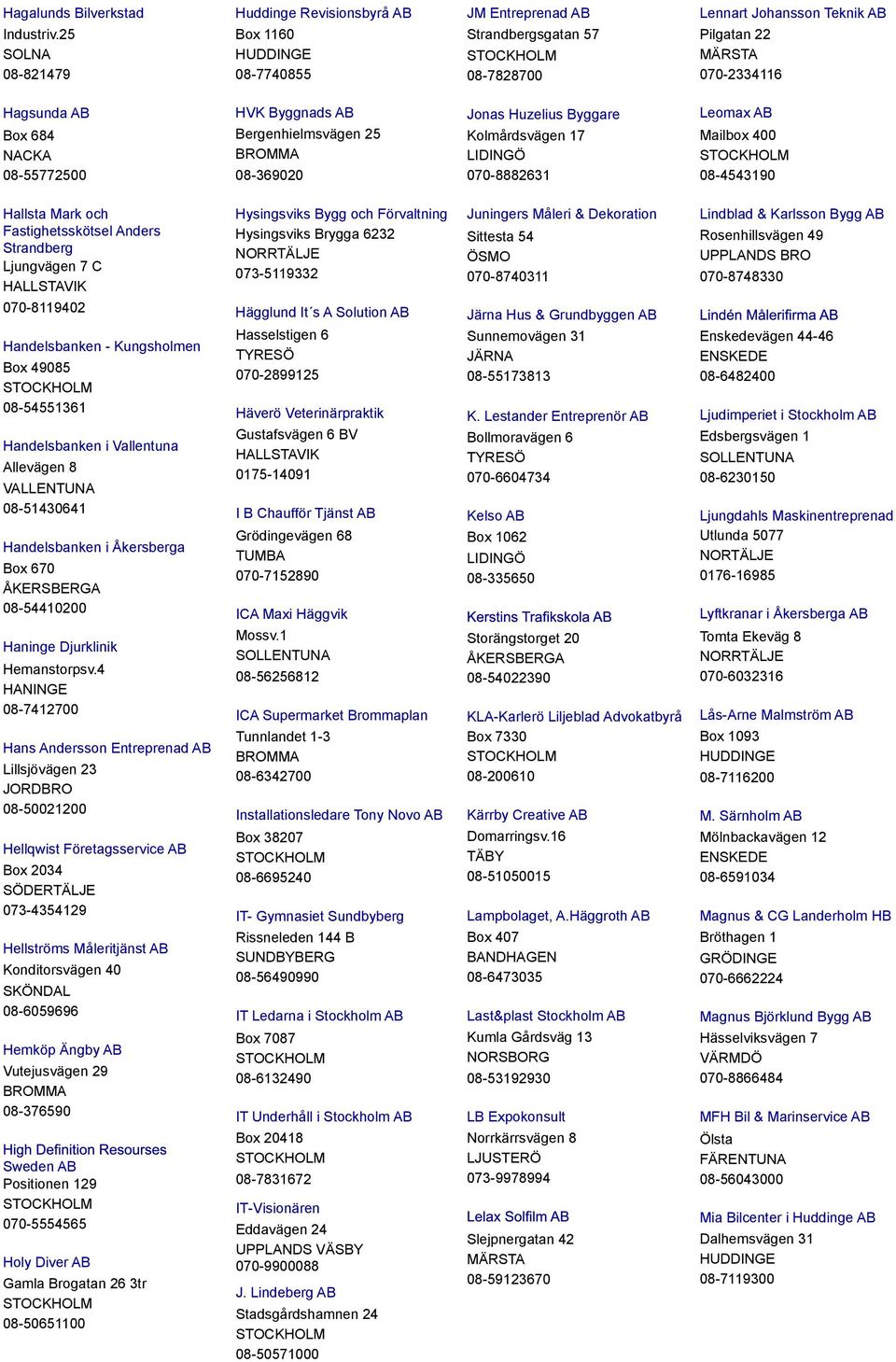 08-55772500 HVK Byggnads AB Bergenhielmsvägen 25 08-369020 Jonas Huzelius Byggare Kolmårdsvägen 17 070-8882631 Leomax AB Mailbox 400 08-4543190 Hallsta Mark och Fastighetsskötsel Anders Strandberg