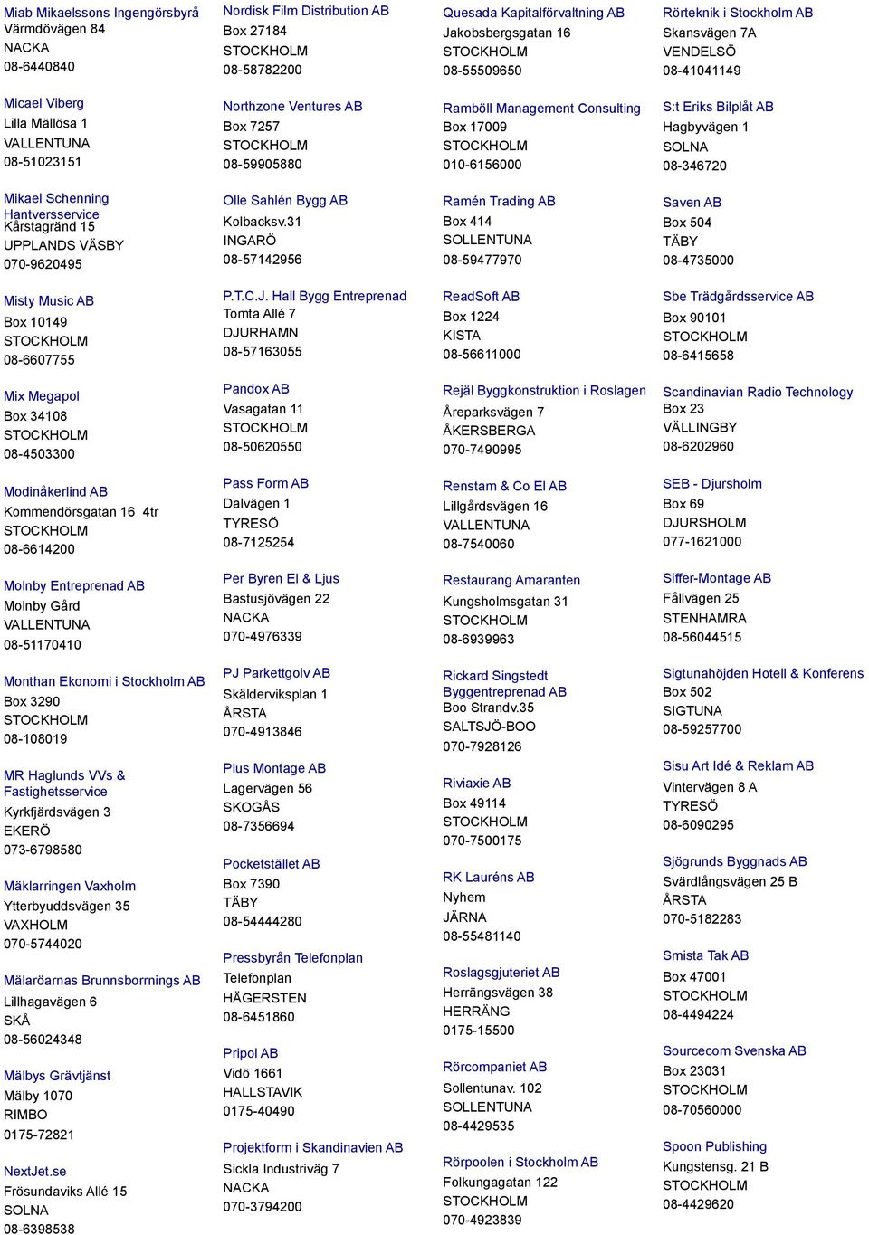 Hagbyvägen 1 08-346720 Mikael Schenning Hantversservice Kårstagränd 15 070-9620495 Olle Sahlén Bygg AB Kolbacksv.