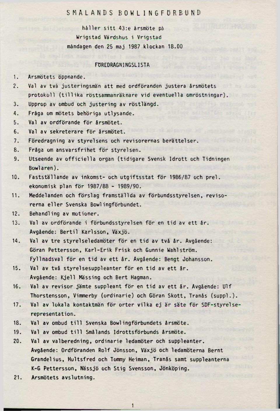 Upprop av ombud och justering av röstlängd. 4. Fråga om mötets behöriga utlysande. 5. Val av ordförande för årsmötet. 6. Val av sekreterare för årsmötet. 7.