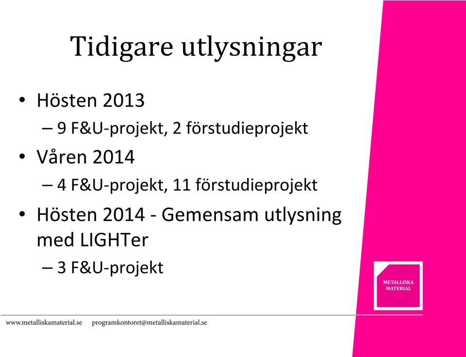 F&U- projekt, 11 förstudieprojekt Hösten
