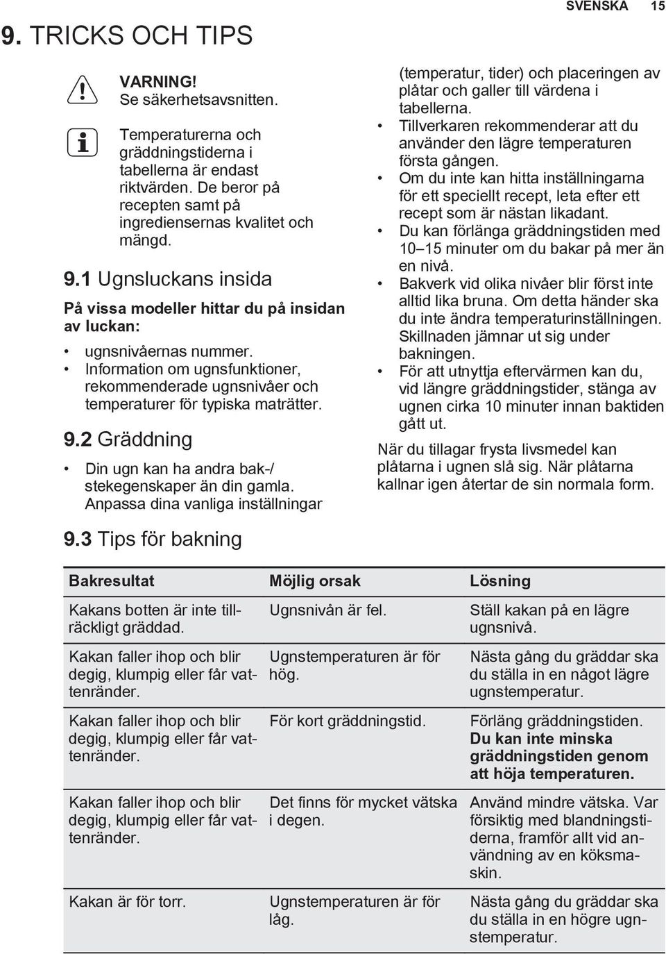 2 Gräddning Din ugn kan ha andra bak-/ stekegenskaper än din gamla. Anpassa dina vanliga inställningar 9.