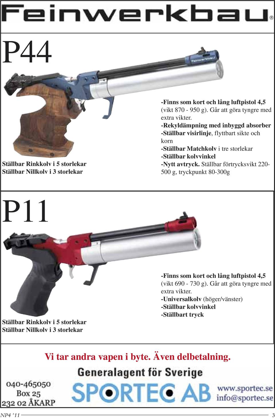 Ställbar förtrycksvikt 220-500 g, tryckpunkt 80-300g P11 Ställbar Rinkkolv i 5 storlekar Ställbar Nillkolv i 3 storlekar -Finns som kort och lång luftpistol 4,5