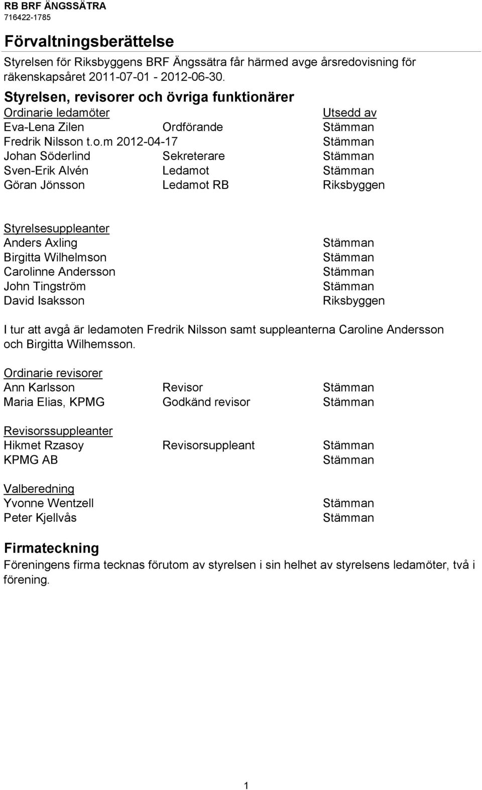 er och övriga funktionärer Ordinarie ledamöter Utsedd av Eva-Lena Zilen Ordförande Stämman Fredrik Nilsson t.o.m 2012-04-17 Stämman Johan Söderlind Sekreterare Stämman Sven-Erik Alvén Ledamot Stämman