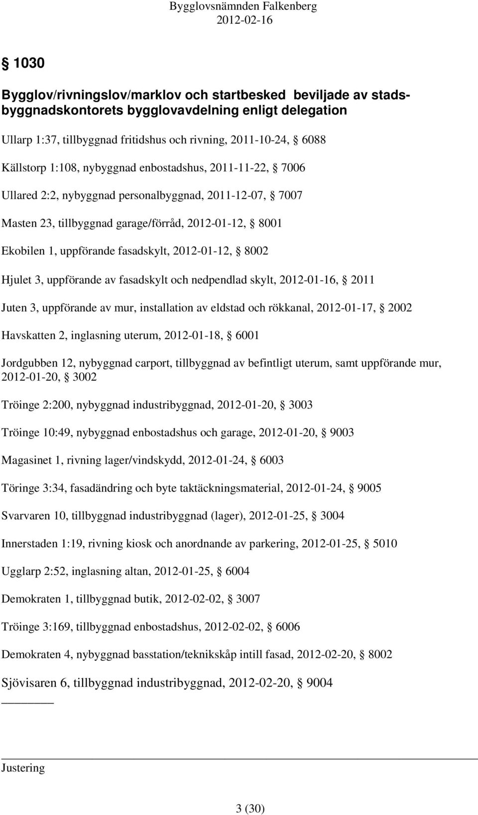 2012-01-12, 8002 Hjulet 3, uppförande av fasadskylt och nedpendlad skylt, 2012-01-16, 2011 Juten 3, uppförande av mur, installation av eldstad och rökkanal, 2012-01-17, 2002 Havskatten 2, inglasning