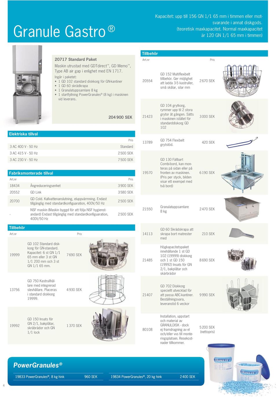 1 GD 102 standard diskkorg för GN-kantiner 1 GD 60 skrädkrapa 1 Granulatuppsamlare 8 kg 1 startfyllning PowerGranules (8 kg) i maskinen vid leverans.