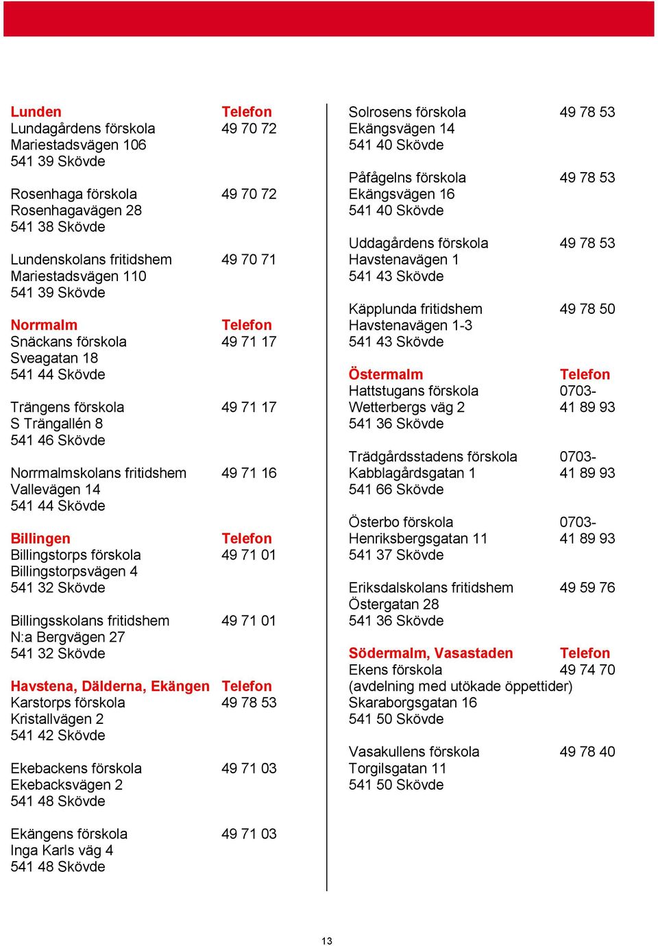 Billingstorps förskola 49 71 01 Billingstorpsvägen 4 541 32 Skövde Billingsskolans fritidshem 49 71 01 N:a Bergvägen 27 541 32 Skövde Havstena, Dälderna, Ekängen Karstorps förskola 49 78 53