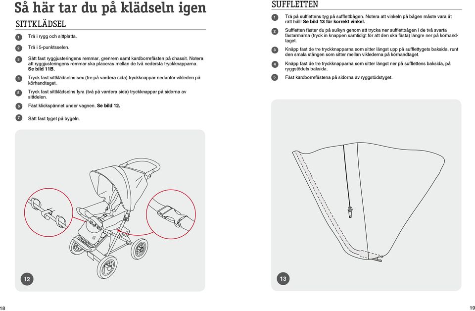 SUFFLETTEN Trä på sufflettens tyg på sufflettbågen. Notera att vinkeln på bågen måste vara åt rätt håll! Se bild för korrekt vinkel.