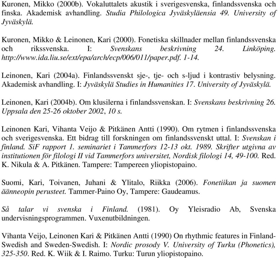 1-14. Leinonen, Kari (2004a). Finlandssvenskt sje-, tje- och s-ljud i kontrastiv belysning. Akademisk avhandling. I: Jyväskylä Studies in Humanities 17. University of Jyväskylä.