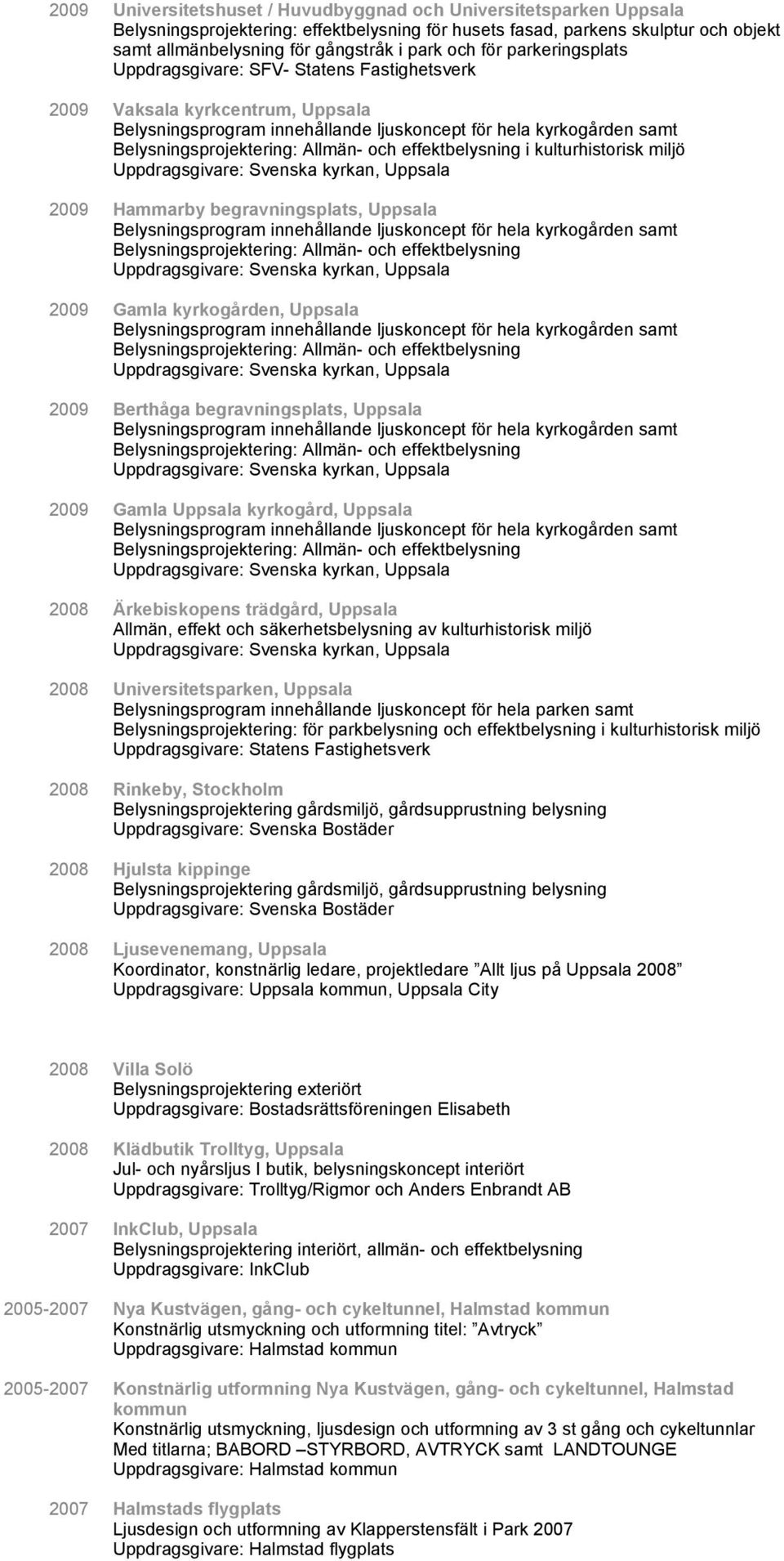 2009 Berthåga begravningsplats, Uppsala 2009 Gamla Uppsala kyrkogård, Uppsala 2008 Ärkebiskopens trädgård, Uppsala Allmän, effekt och säkerhetsbelysning av kulturhistorisk miljö 2008