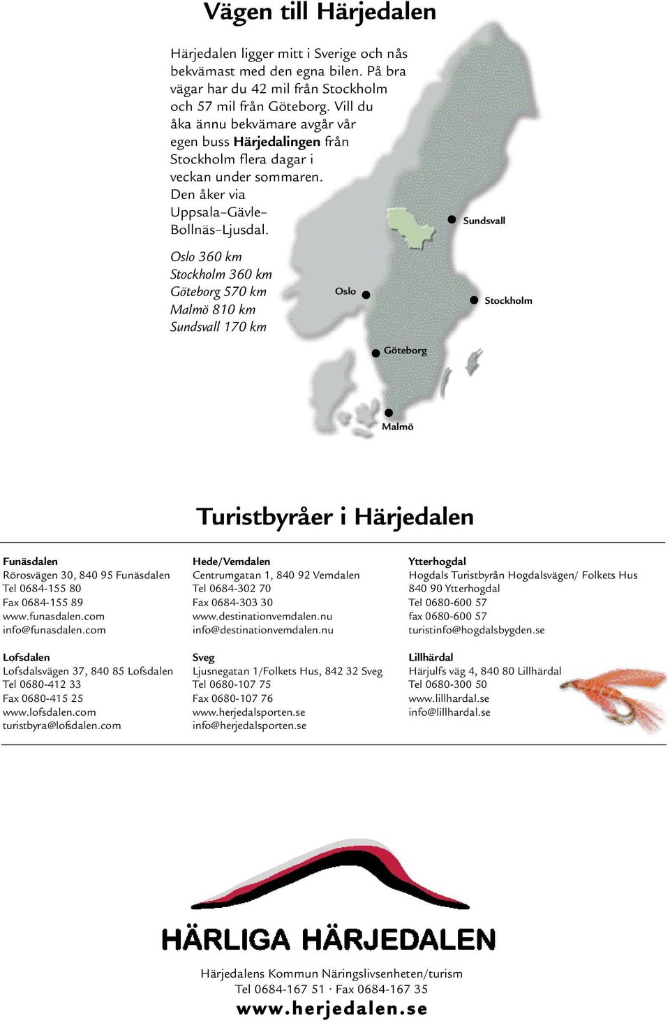 Oslo 360 km Stockholm 360 km Göteborg 570 km Malmö 810 km Sundsvall 170 km Oslo Göteborg Malmö Sundsvall Stockholm Turistbyråer i Härjedalen Funäsdalen Rörosvägen 30, 840 95 Funäsdalen Tel 0684-155