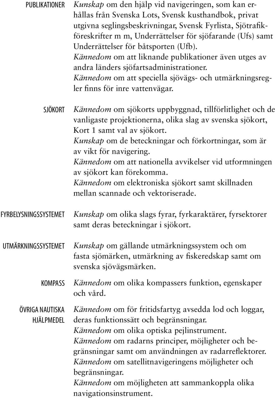 Kännedom om att liknande publikationer även utges av andra länders sjöfartsadministrationer. Kännedom om att speciella sjövägs- och utmärkningsregler finns för inre vattenvägar.