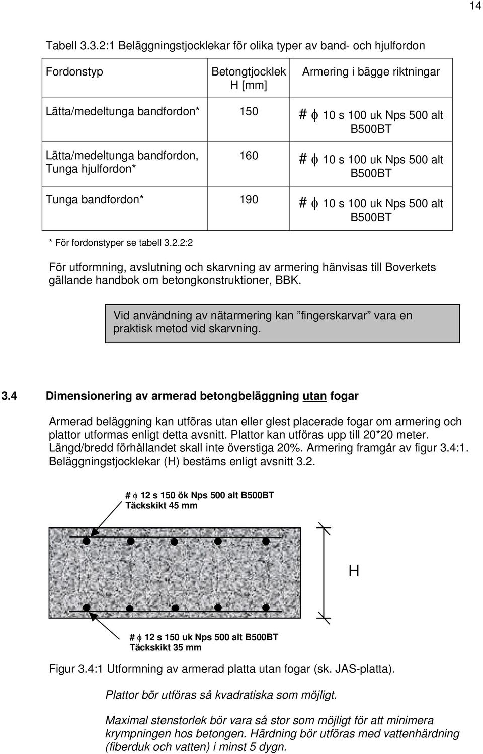 Lätta/medeltunga bandfordon, Tunga hjulfordon* 160 # φ 10 s 100 uk Nps 500 alt B500BT Tunga bandfordon* 190 # φ 10 s 100 uk Nps 500 alt B500BT * För fordonstyper se tabell 3.2.