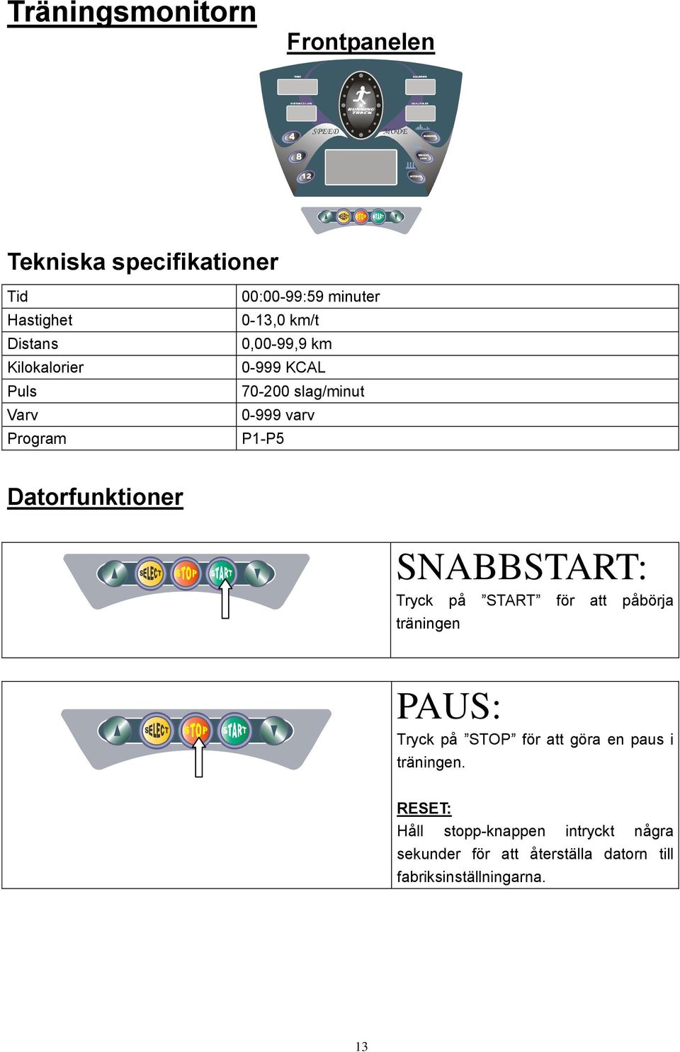 varv P1-P5 DISTANCE/LAPS Datorfunktioner GOAL/PULSE SNABBSTART: Tryck på START för att påbörja träningen PAUS: Tryck på STOP