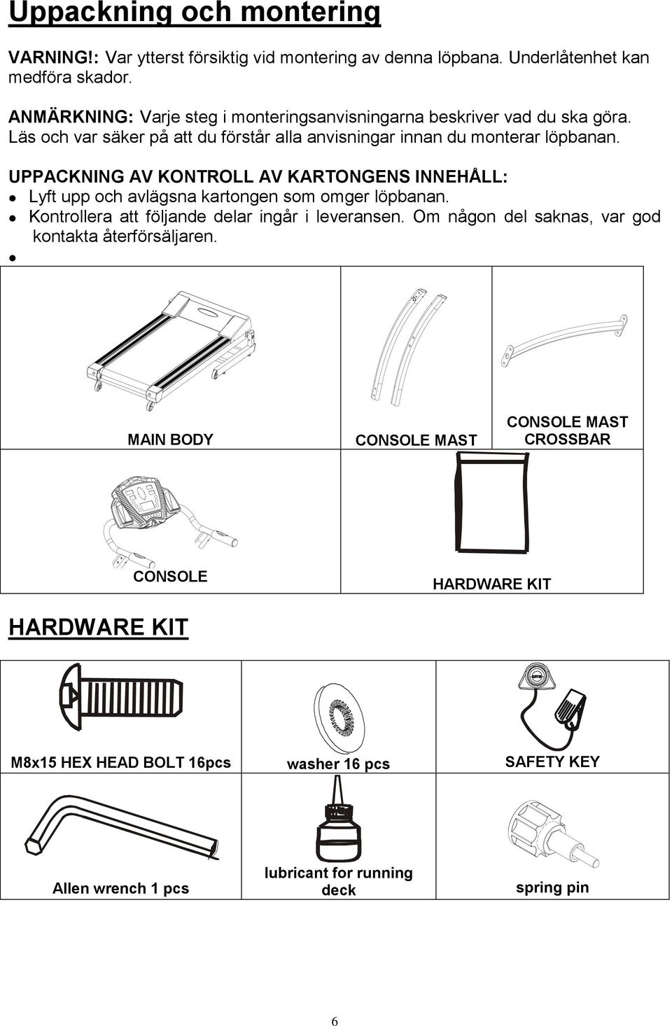 UPPACKNING AV KONTROLL AV KARTONGENS INNEHÅLL: Lyft upp och avlägsna kartongen som omger löpbanan. Kontrollera att följande delar ingår i leveransen.