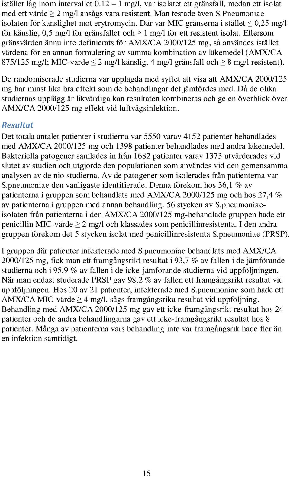 Eftersom gränsvärden ännu inte definierats för AMX/CA 2000/125 mg, så användes istället värdena för en annan formulering av samma kombination av läkemedel (AMX/CA 875/125 mg/l; MICvärde 2 mg/l