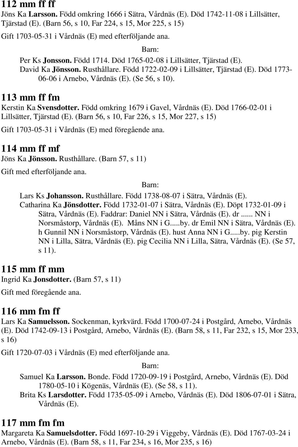 Född 1722-02-09 i Lillsätter, Tjärstad (E). Död 1773-06-06 i Arnebo, Vårdnäs (E). (Se 56, s 10). 113 mm ff fm Kerstin Ka Svensdotter. Född omkring 1679 i Gavel, Vårdnäs (E).