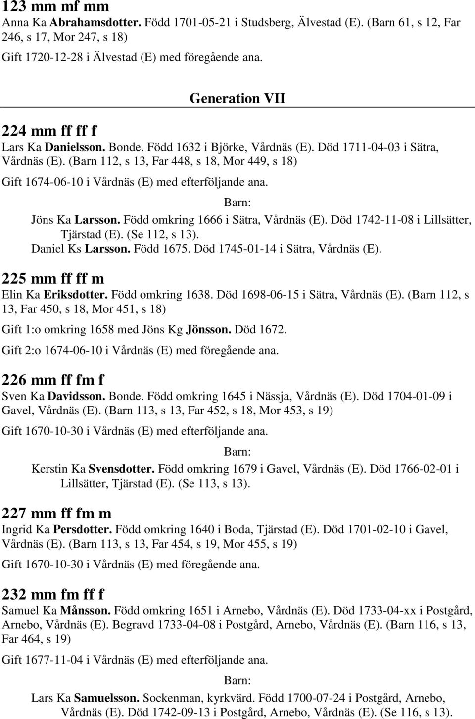 (Barn 112, s 13, Far 448, s 18, Mor 449, s 18) Gift 1674-06-10 i Vårdnäs (E) med efterföljande ana. Jöns Ka Larsson. Född omkring 1666 i Sätra, Vårdnäs (E). Död 1742-11-08 i Lillsätter, Tjärstad (E).