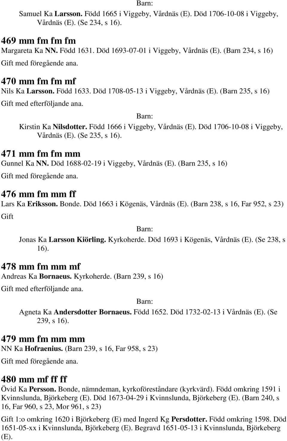 Död 1706-10-08 i Viggeby, Vårdnäs (E). (Se 235, s 16). 471 mm fm fm mm Gunnel Ka NN. Död 1688-02-19 i Viggeby, Vårdnäs (E). (Barn 235, s 16) 476 mm fm mm ff Lars Ka Eriksson. Bonde.