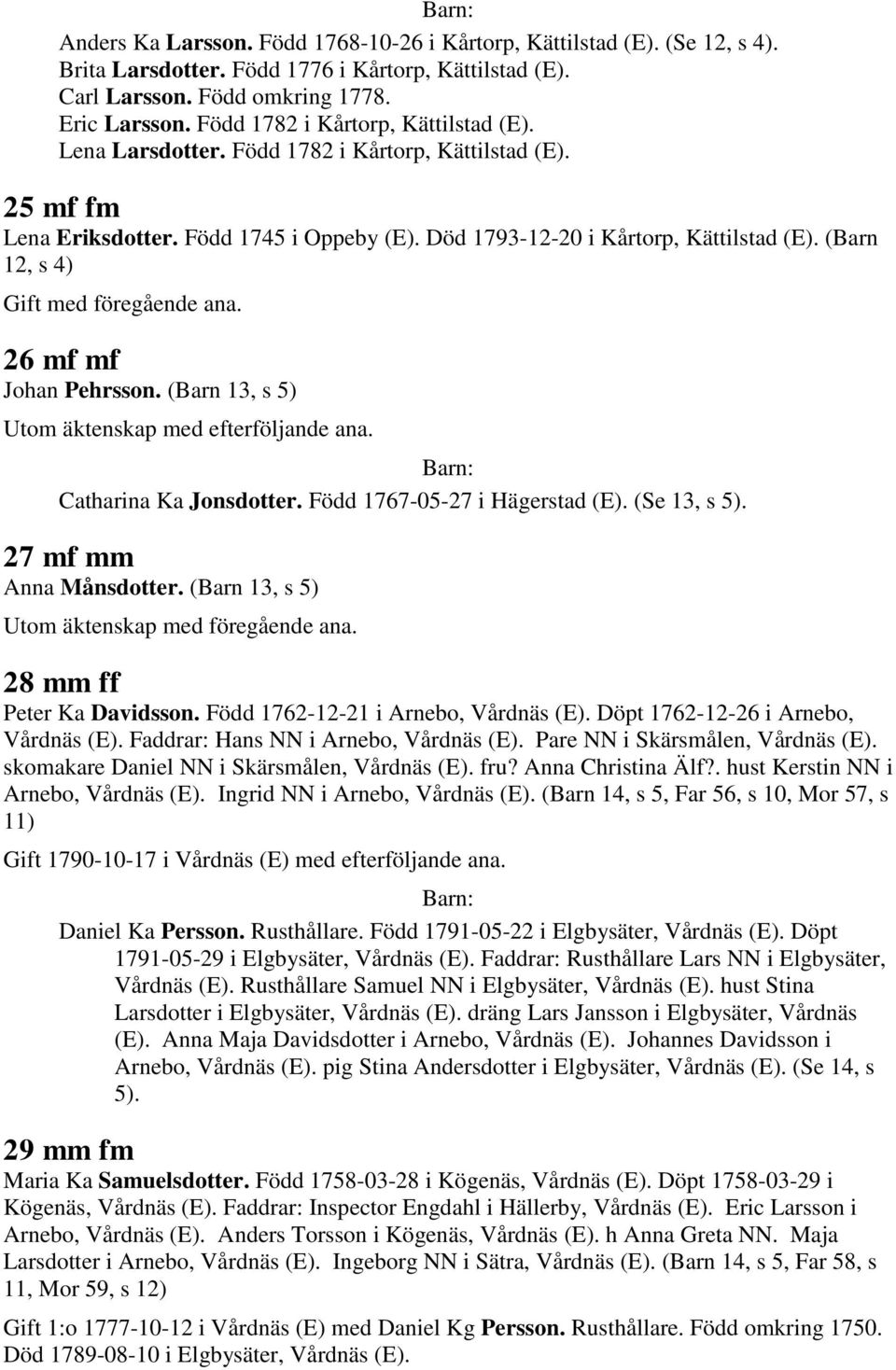 (Barn 12, s 4) 26 mf mf Johan Pehrsson. (Barn 13, s 5) Utom äktenskap med efterföljande ana. Catharina Ka Jonsdotter. Född 1767-05-27 i Hägerstad (E). (Se 13, s 5). 27 mf mm Anna Månsdotter.