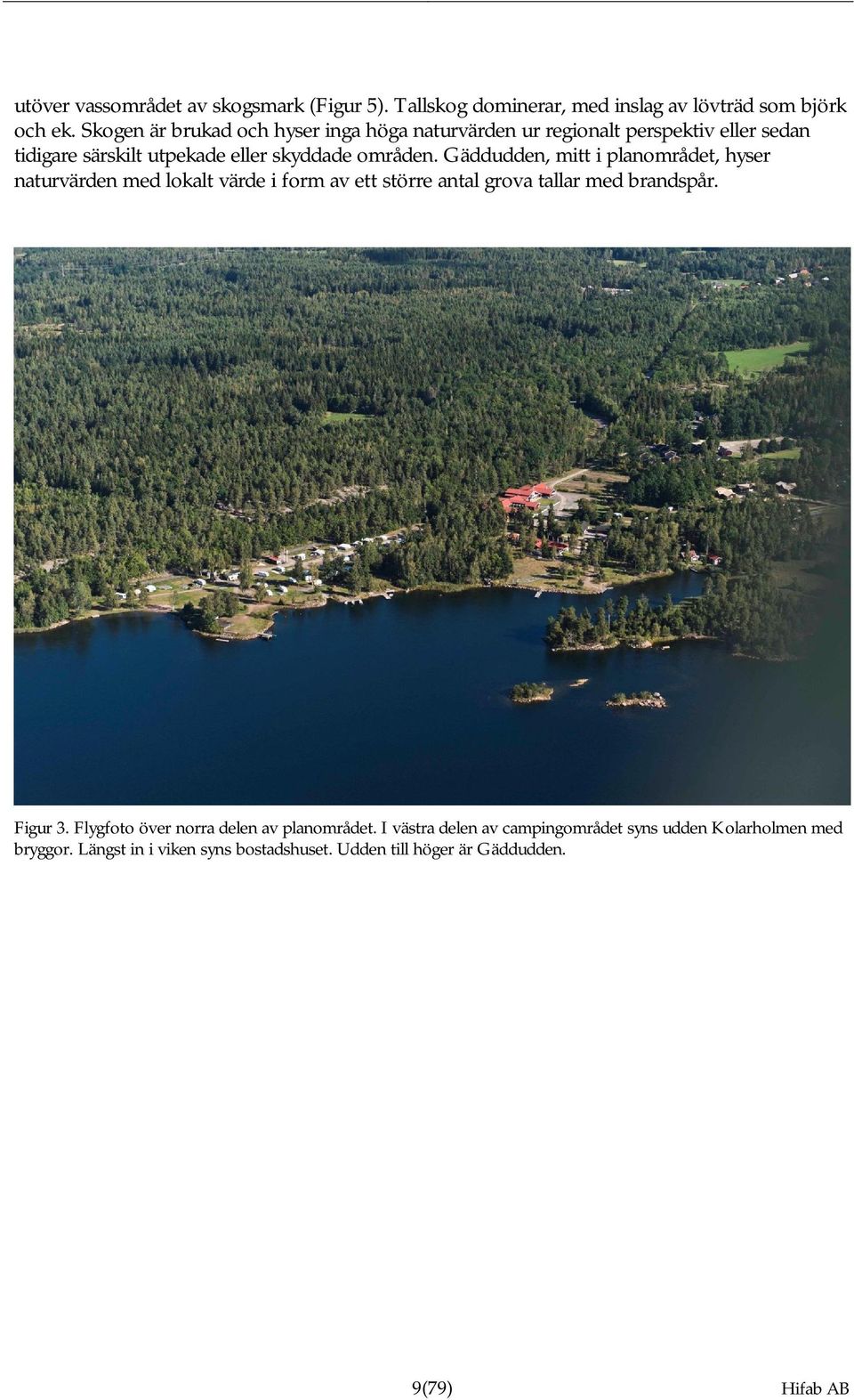 Gäddudden, mitt i planområdet, hyser naturvärden med lokalt värde i form av ett större antal grova tallar med brandspår. Figur 3.