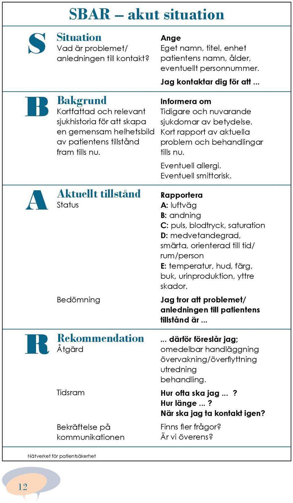 Aktuellt tillstånd Status Bedömning Rekommendation Åtgärd Tidsram Bekräftelse på kommunikationen Ange Eget namn, titel, enhet patientens namn, ålder, eventuellt personnummer.