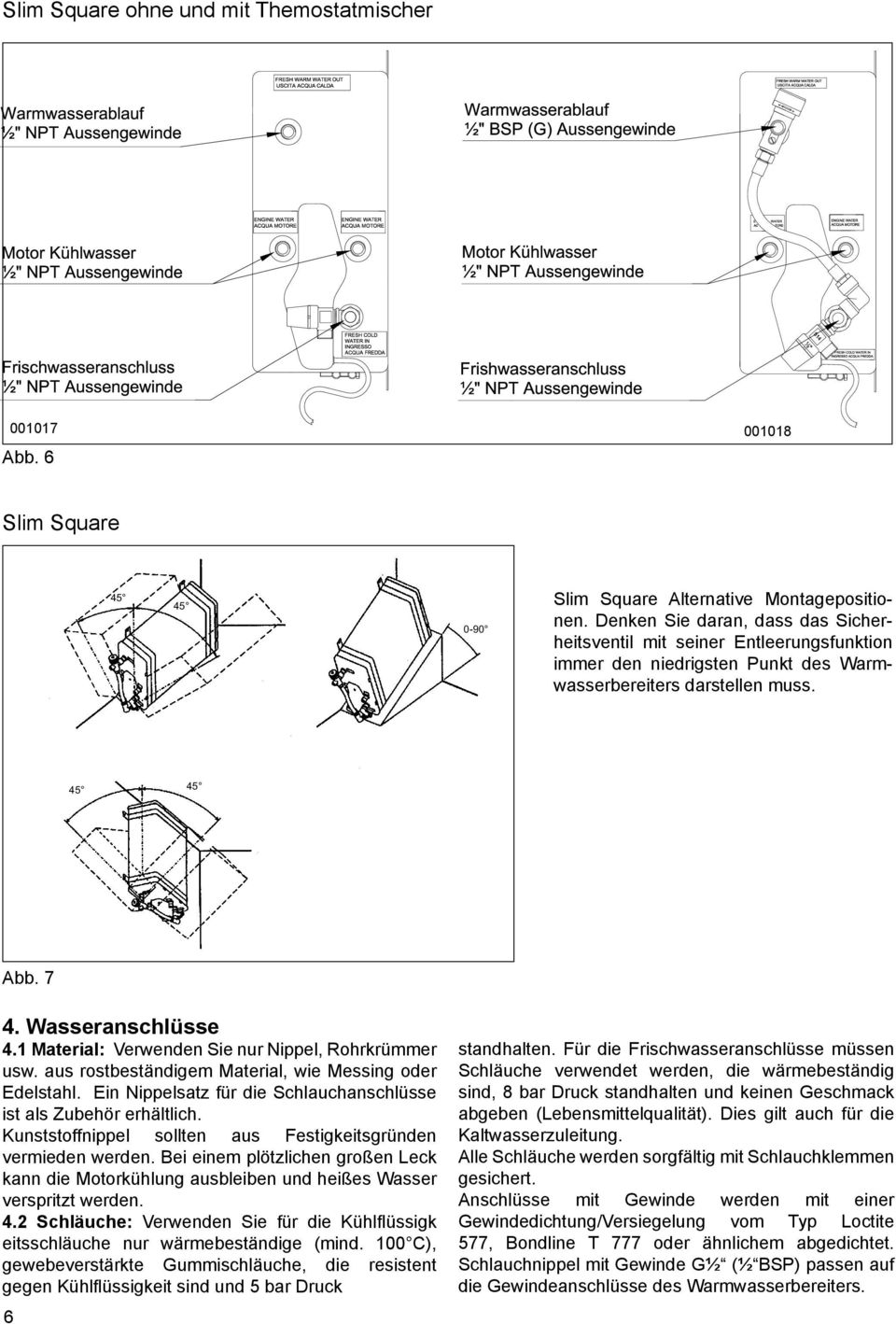 1 Material: Verwenden Sie nur Nippel, Rohrkrümmer usw. aus rostbeständigem Material, wie Messing oder Edelstahl. Ein Nippelsatz für die Schlauchanschlüsse ist als Zubehör erhältlich.