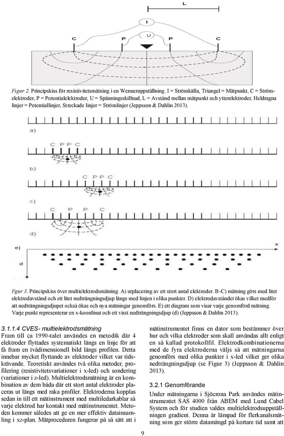 Streckade linjer = Strömlinjer (Jeppsson & Dahlin 2013). Fgur 3. Principskiss över multielektrodsmätning. A) utplacering av ett stort antal elektroder.