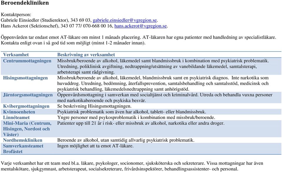 Verksamhet Beskrivning av verksamhet Centrummottagningen Missbruk/beroende av alkohol, läkemedel samt blandmissbruk i kombination med psykiatrisk problematik.