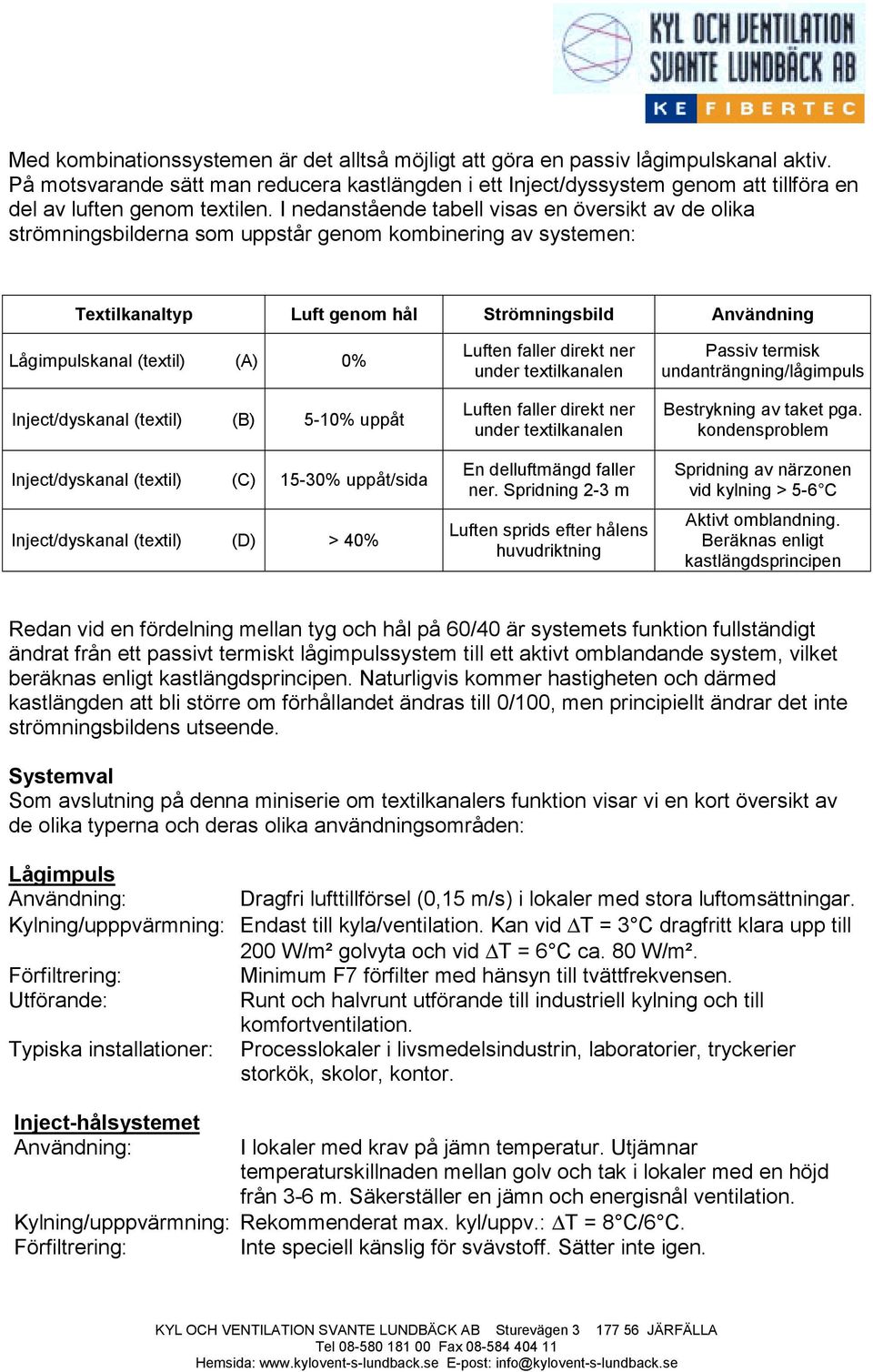 I nedanstående tabell visas en översikt av de olika strömningsbilderna som uppstår genom kombinering av systemen: Textilkanaltyp Luft genom hål Strömningsbild Användning Lågimpulskanal (textil) (A)