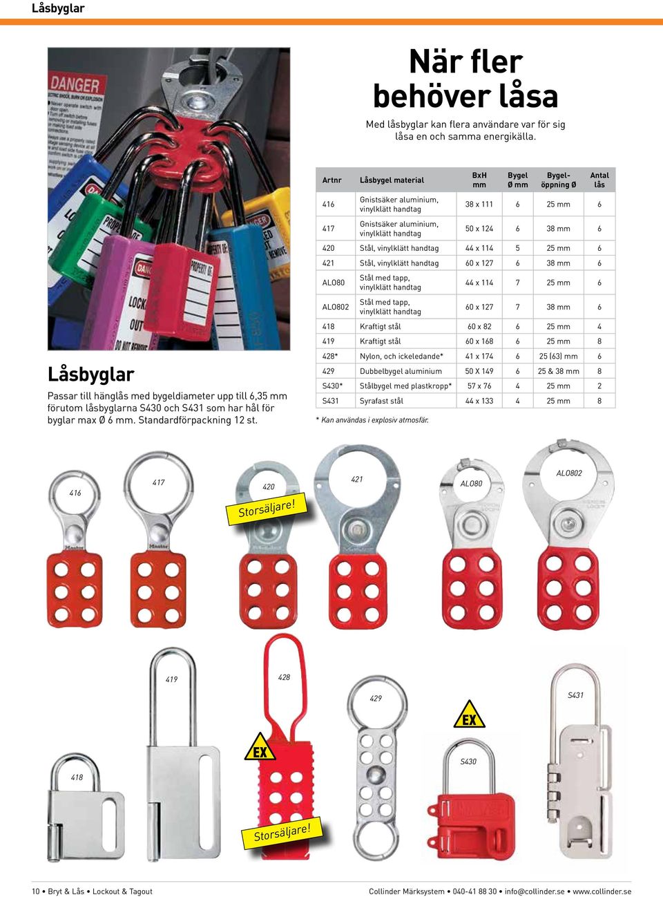 416 417 Låsbygel material Gnistsäker aluminium, vinylklätt handtag Gnistsäker aluminium, vinylklätt handtag BxH mm Bygel Ø mm Bygelöppning Ø Antal lås 38 x 111 6 25 mm 6 50 x 124 6 38 mm 6 420 Stål,