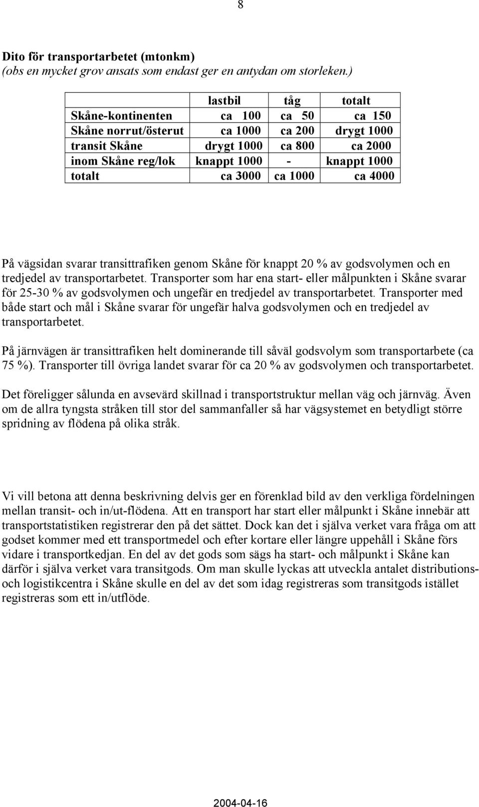 ca 3000 ca 1000 ca 4000 På vägsidan svarar transittrafiken genom Skåne för knappt 20 % av godsvolymen och en tredjedel av transportarbetet.