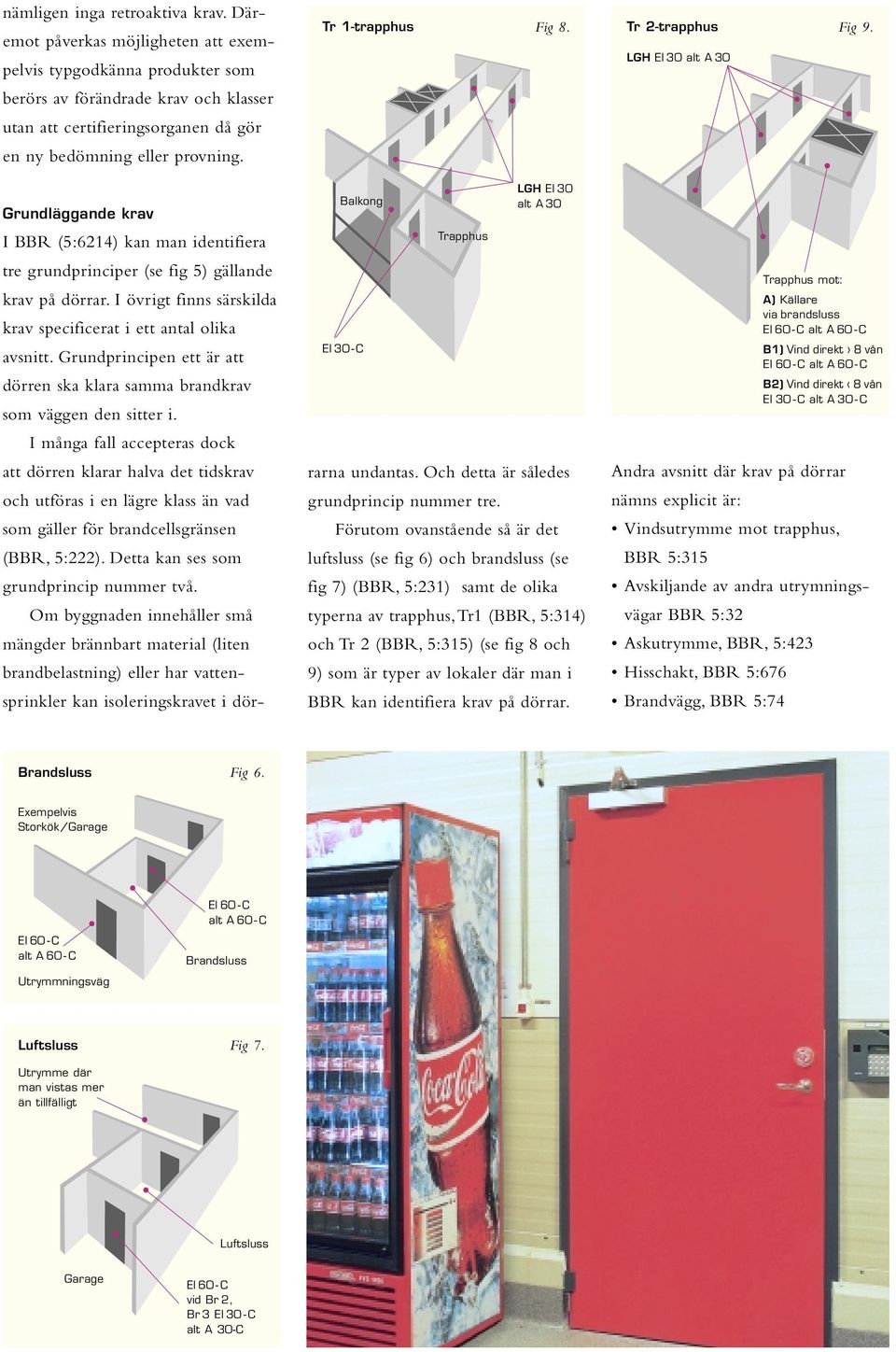 Tr 2-trapphus Fig 9. LGH El 30 alt A 30 Grundläggande krav I BBR (5:6214) kan man identifiera tre grundprinciper (se fig 5) gällande krav på dörrar.