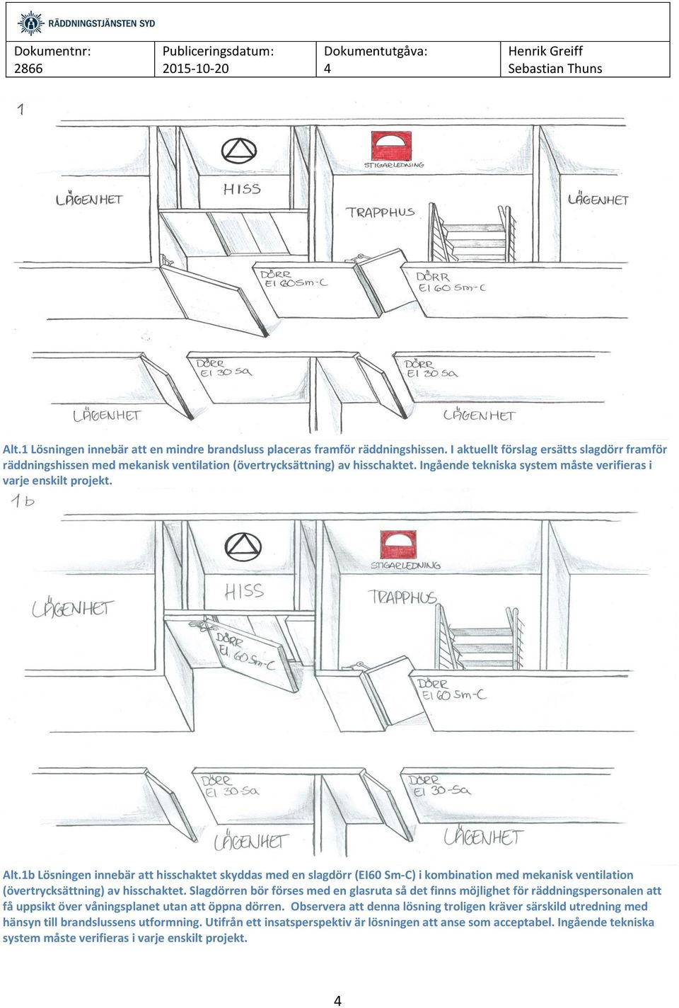 1b Lösningen innebär att hisschaktet skyddas med en slagdörr (EI60 Sm-C) i kombination med mekanisk ventilation (övertrycksättning) av hisschaktet.