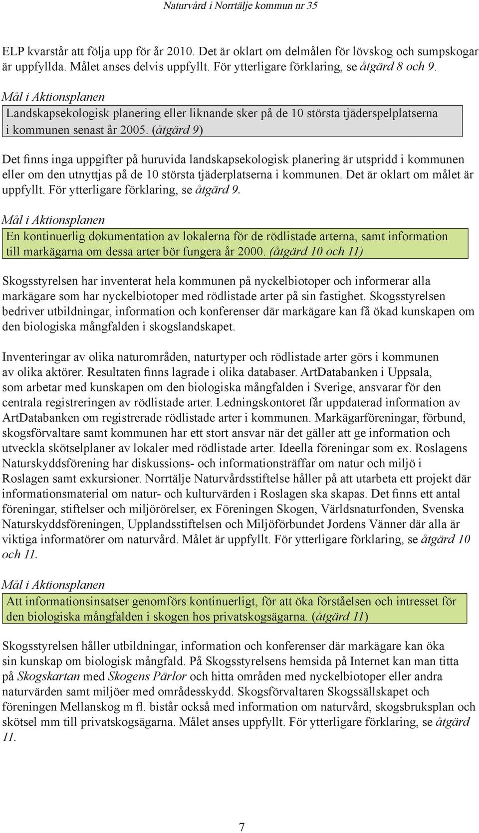 (åtgärd 9) Det finns inga uppgifter på huruvida landskapsekologisk planering är utspridd i kommunen eller om den utnyttjas på de 10 största tjäderplatserna i kommunen.