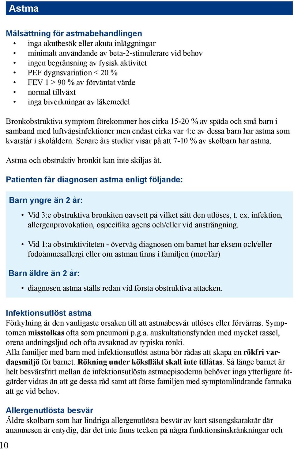 cirka var 4:e av dessa barn har astma som kvarstår i skolåldern. Senare års studier visar på att 7-10 % av skolbarn har astma. Astma och obstruktiv bronkit kan inte skiljas åt.