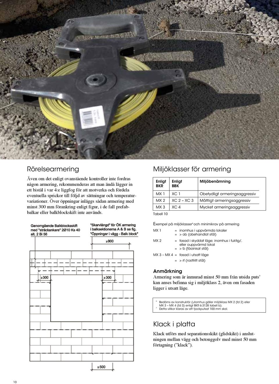 Miljöklasser för armering Enligt Enligt Miljöbenämning BKR BBK MX 1 XC 1 Obetydligt armeringsaggressiv MX 2 XC 2 XC 3 Måttligt armeringsaggressiv MX 3 XC 4 Mycket armeringsaggressiv Tabell 10 Exempel