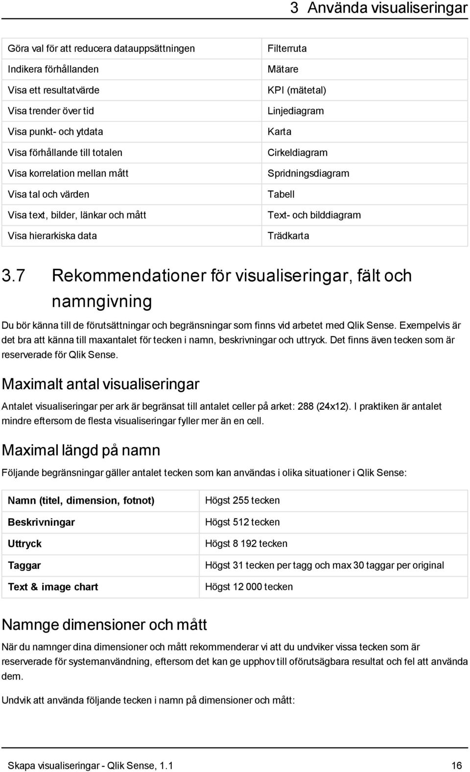 7 Rekommendationer för visualiseringar, fält och namngivning Du bör känna till de förutsättningar och begränsningar som finns vid arbetet med Qlik Sense.