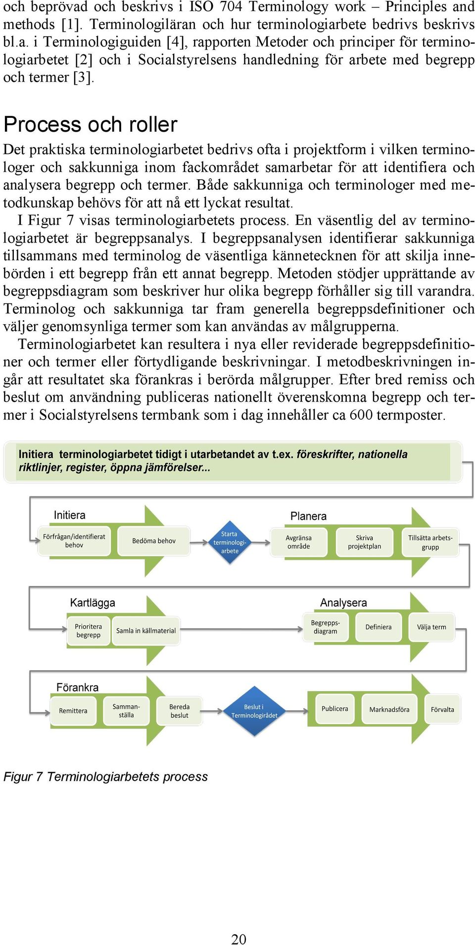 Både sakkunniga och terminologer med metodkunskap behövs för att nå ett lyckat resultat. I Figur 7 visas terminologiarbetets process. En väsentlig del av terminologiarbetet är begreppsanalys.